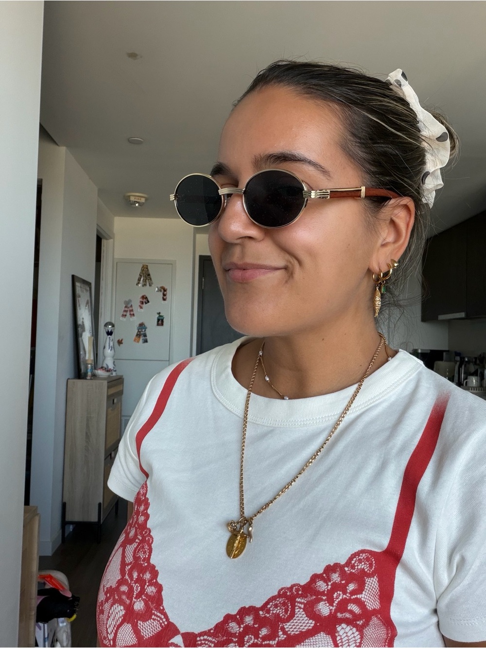 Round Black Lens Sunglasses with Gold Trim - Women Accessories